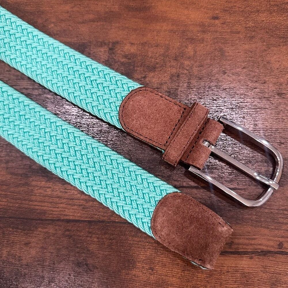 Les Canebiers Saint Tropez Women's‎ Webbed Suede Belt Aqua Teal Blue Brown XS